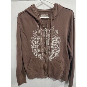 Guess Company 1981 Zip Up Hoodie Womens L Brown Distressed Graphic Y2K Vintage